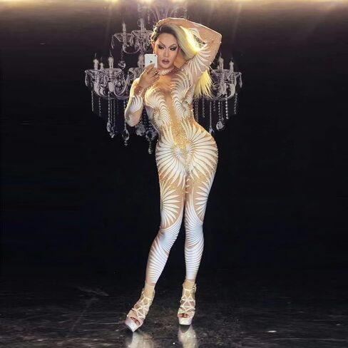 Sexy Geometric Patterns Jumpsuit Women Sparkly Stones Bodysuit Stage Wear Club Celebrate Female Singer Crystals Costume Outfit in Kuwait