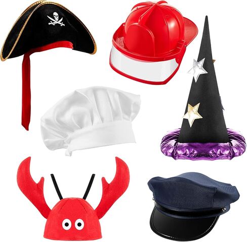 Hercicy 6 Pack Dress up Hats for Kids Toddler Costume Hats Photo Booth Hats Assorted Party Hats for Kids Cosplay Party Halloween Decorations, Chef, Police, Firemen, Wizard, Pirate, Lobster Styles in Saudi Arabia