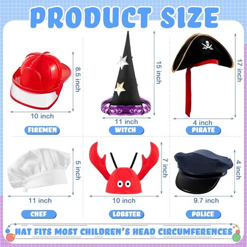 Hercicy 6 Pack Dress up Hats for Kids Toddler Costume Hats Photo Booth Hats Assorted Party Hats for Kids Cosplay Party Halloween Decorations, Chef, Police, Firemen, Wizard, Pirate, Lobster Styles in Saudi Arabia