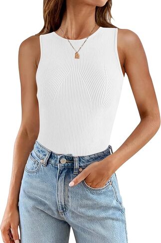 PRETTYGARDEN Womens Ribbed Tank Tops 2024 Summer Crewneck Sleeveless Tops Casual Tight Slim Fitted Knit Basic Tee Shirts in Saudi Arabia