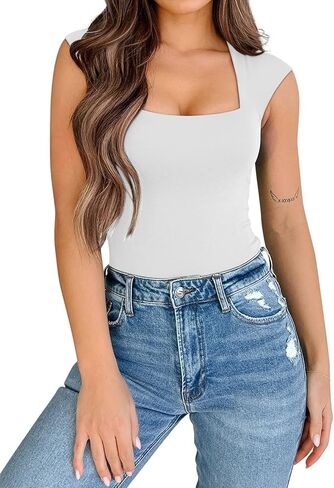 PINKMSTYLE Womens Basic Square Neck Tank Tops Double Lined Fitted Summer Tops Cute Sleeveless Shirts in Kuwait
