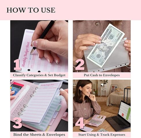 حافظة الميزانية مع مظاريف بسحاب - محفظة مجلد الميزانية مقاس A6، مظروف نقدي كبير وأوراق نفقات مخطط الميزانية، كتاب الميزانية الموفر للأموال، مجلد المال، منظم وحشو النقود - جلد وردي in Kuwait