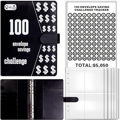 تحدي توفير المال في 100 ظرف، مجلد توفير المال، مجلد ميزانية مقاس a5، مجلد توفير المال في تحدي 100 يوم، كتاب تحدي توفير المال في المغلف، طريقة سهلة وممتعة لتوفير 5,050 دولارًا أمريكيًا باللون الأسود in Kuwait