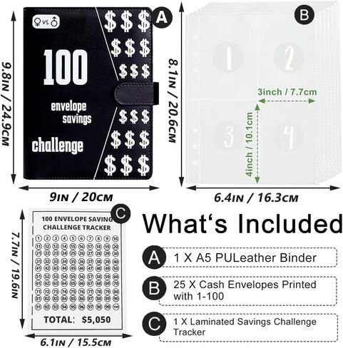 تحدي توفير المال في 100 ظرف، مجلد توفير المال، مجلد ميزانية مقاس a5، مجلد توفير المال في تحدي 100 يوم، كتاب تحدي توفير المال في المغلف، طريقة سهلة وممتعة لتوفير 5,050 دولارًا أمريكيًا باللون الأسود in Kuwait