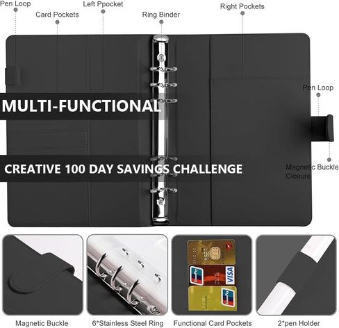 تحدي توفير المال في 100 ظرف، مجلد توفير المال، مجلد ميزانية مقاس a5، مجلد توفير المال في تحدي 100 يوم، كتاب تحدي توفير المال في المغلف، طريقة سهلة وممتعة لتوفير 5,050 دولارًا أمريكيًا باللون الأسود in Kuwait