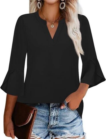 AKEWEI Women's 3/4 Length Bell Sleeve Tops V Neck Dressy Casual Shirts Ladies Loose Fit Blouses Tunic in Saudi Arabia