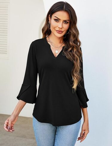AKEWEI Women's 3/4 Length Bell Sleeve Tops V Neck Dressy Casual Shirts Ladies Loose Fit Blouses Tunic in Saudi Arabia