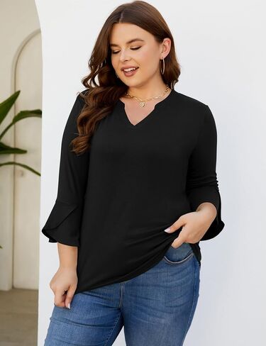 AKEWEI Women's 3/4 Length Bell Sleeve Tops V Neck Dressy Casual Shirts Ladies Loose Fit Blouses Tunic in Saudi Arabia