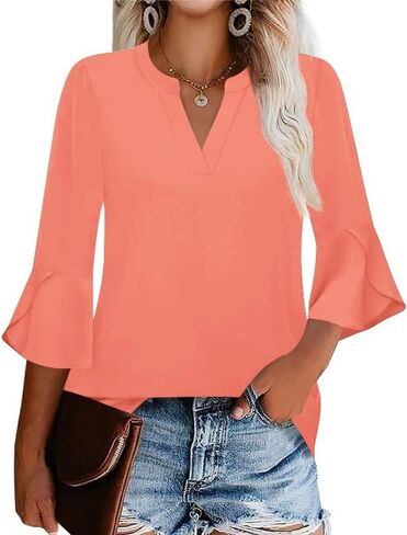 AKEWEI Women's 3/4 Length Bell Sleeve Tops V Neck Dressy Casual Shirts Ladies Loose Fit Blouses Tunic in Saudi Arabia