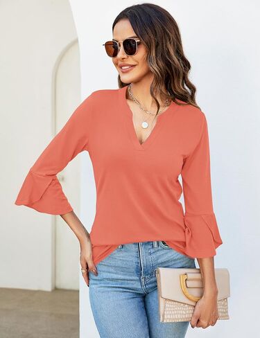 AKEWEI Women's 3/4 Length Bell Sleeve Tops V Neck Dressy Casual Shirts Ladies Loose Fit Blouses Tunic in Saudi Arabia
