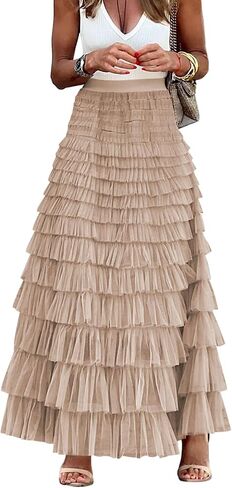MIYIEONZ Women's Fairy Tulle Midi Skirt Sweet Elastic High Waist A-Line Ruffle Tiered Layered Mesh Puffy Long Maxi Skirt in Saudi Arabia