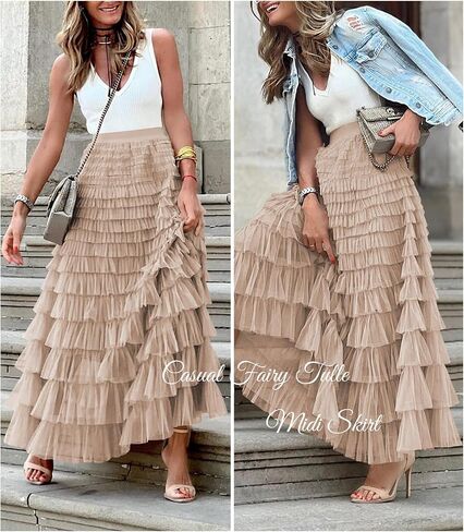 MIYIEONZ Women's Fairy Tulle Midi Skirt Sweet Elastic High Waist A-Line Ruffle Tiered Layered Mesh Puffy Long Maxi Skirt in Saudi Arabia