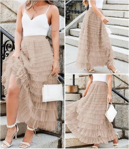 MIYIEONZ Women's Fairy Tulle Midi Skirt Sweet Elastic High Waist A-Line Ruffle Tiered Layered Mesh Puffy Long Maxi Skirt in Saudi Arabia