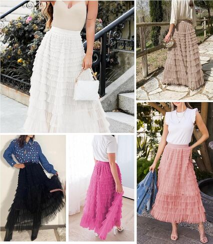 MIYIEONZ Women's Fairy Tulle Midi Skirt Sweet Elastic High Waist A-Line Ruffle Tiered Layered Mesh Puffy Long Maxi Skirt in Saudi Arabia