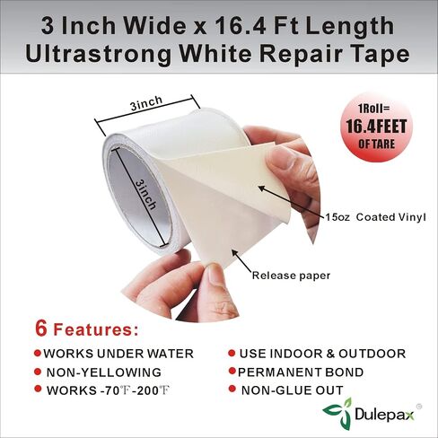 شريط إصلاح مقاوم للماء من Dulepax، 3 × 16.4 قدم، أبيض، أشرطة لاصقة للخيمة، مظلة RV، إصلاح قماش القنب إلخ. in Saudi Arabia