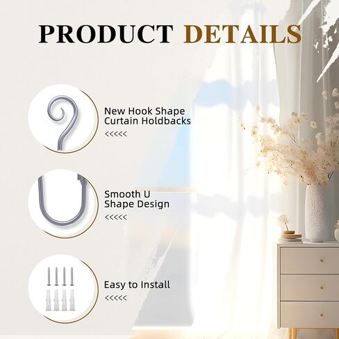 CasaARNO Curtain Holdbacks Scroll Hooks Metal Curtain Swag Hooks Heavy Duty Window Drapery Tiebacks, Set of 2, Black in Kuwait