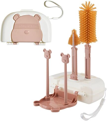 مجموعة فرش تنظيف الزجاجات 6 في 1 من EMTSEB مع فرشاة زجاجات السيليكون، وفرشاة القش، وفرشاة الحلمة، وموزع الصابون، وصندوق تخزين، ورف تجفيف لزجاجة الأطفال (أصفر) in Kuwait