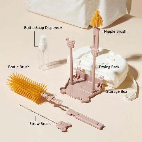مجموعة فرش تنظيف الزجاجات 6 في 1 من EMTSEB مع فرشاة زجاجات السيليكون، وفرشاة القش، وفرشاة الحلمة، وموزع الصابون، وصندوق تخزين، ورف تجفيف لزجاجة الأطفال (أصفر) in Kuwait