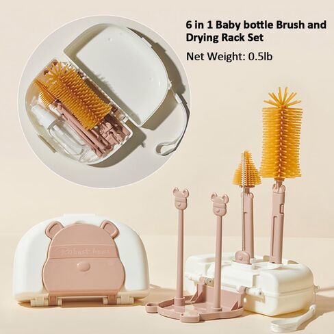 مجموعة فرش تنظيف الزجاجات 6 في 1 من EMTSEB مع فرشاة زجاجات السيليكون، وفرشاة القش، وفرشاة الحلمة، وموزع الصابون، وصندوق تخزين، ورف تجفيف لزجاجة الأطفال (أصفر) in Kuwait