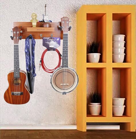 Rotatable Rubber Guitar Hanger,Guitar Display Stand with Shelf and Pick Holder for All Size Guitar-Black Walnut Color in Saudi Arabia