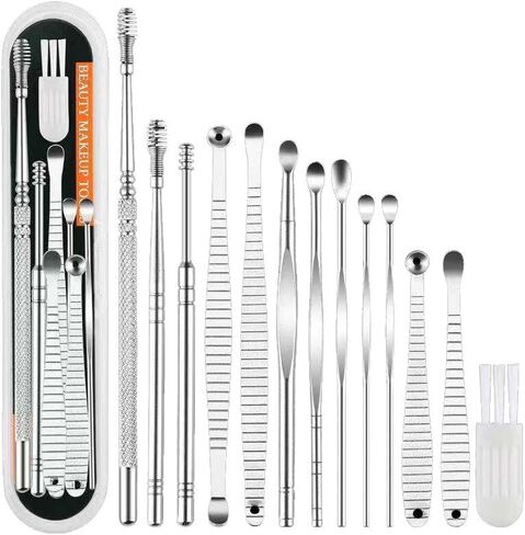 مجموعة أدوات تنظيف شمع الأذن الزنبركية لإزالة شمع الأذن من Soottaci، منظف احترافي للأذن، أداة تنظيف تدليك الأذن الحلزونية 360 درجة من الفولاذ المقاوم للصدأ مع صندوق تخزين وفرشاة تنظيف (13 قطعة) in Kuwait