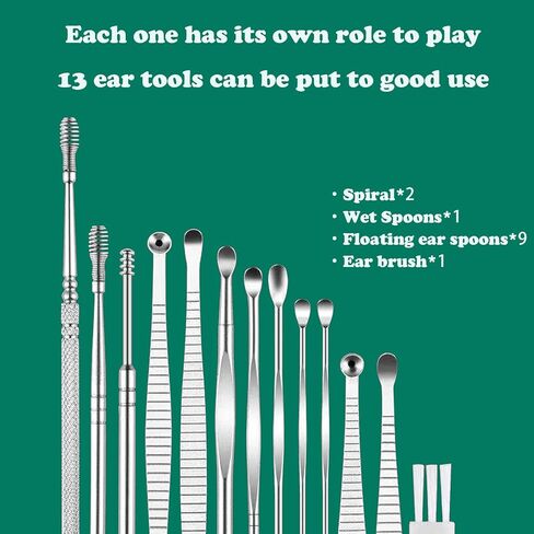 مجموعة أدوات تنظيف شمع الأذن الزنبركية لإزالة شمع الأذن من Soottaci، منظف احترافي للأذن، أداة تنظيف تدليك الأذن الحلزونية 360 درجة من الفولاذ المقاوم للصدأ مع صندوق تخزين وفرشاة تنظيف (13 قطعة) in Kuwait