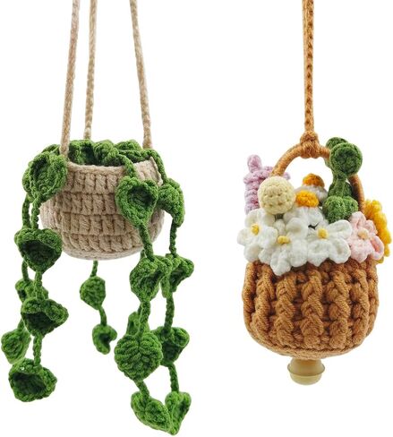 إكسسوارات معلقة على شكل مرآة سيارة كروشيه لطيفة، قطعتان من AIFUDA لتزيين السيارة يدويًا للنساء، مناسبة لحقائب الظهر، وإكسسوارات السيارات، وتزيين المنزل in Kuwait