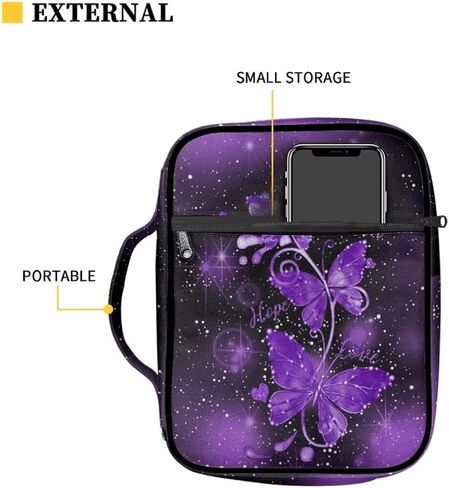 حقيبة حمل الكتاب المقدس كبيرة بسحاب للنساء والفتيات، حقائب الكتاب المقدس مع غطاء الكتاب المقدس على شكل فراشة أرجوانية مع مقبض وعلامة مرجعية in Kuwait