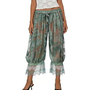 Women Lace Trim Long Bloomers Mid Rise Ruffle Going Out Cropped Pant Flared Pantaloons Elastic Waist Pajama Bottoms in Saudi Arabia