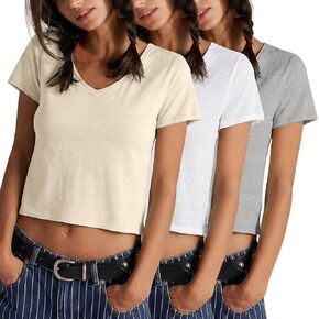 FAIABLE 3 Packs Womens V Neck Crop Tops Slub Cotton T Shirts Casual Short Sleeves Tee Summer Fashion Solid Basic Clothes 2026 in Saudi Arabia