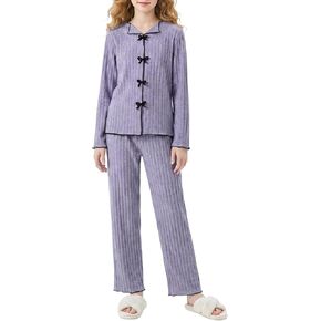 CARETOO Girls Pajamas 2PCS Ribbed Knit Pjs Set Lettuce Trim Sleepwear Soft Long Sleeve Long Pants Lounge Set 7-16Y in Saudi Arabia
