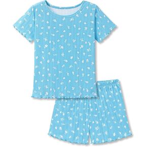 Beezizac Girls Pointelle Knit Lettuce Trim Pajama Set-Cute Floral/Cherry/Bow Tee & Shorts 2-pc PJs Sizes 6-18 in Saudi Arabia
