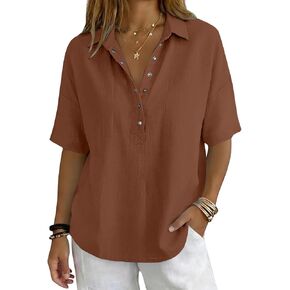 Women's Linen Tops Summer Cotton Gauze Shirts Button Front Collar Neck Half Sleeve Blouses Dressy Casual Clothes in Saudi Arabia