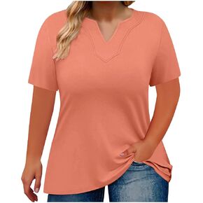 Oversized T Shirts for Women V Neck Loose Tunic Tops Short Sleeve Casual Pure Blouses Dressy Plus Size Shirt in Kuwait