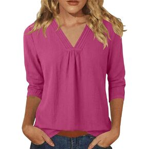 Womens 3/4 Length Sleeve Shirts 2026 Summer Dressy Linen V Neck Tunics Tops Lightweight Tshirt Business Work Blouse in Kuwait