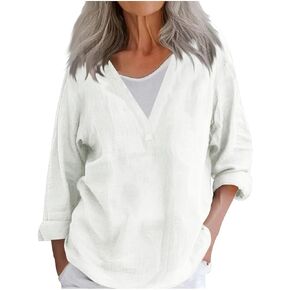 Cotton Linen Shirts for Women V Neck Long Sleeve Blouses Spring Summer Lightweight Dressy Casual Loose Shirt Tops in Kuwait