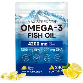 Triple-Strength Omega 3 Fish Oil Supplement 240 Softgels - High Potency EPA & DHA - Supports Brain, Eye, Skin, Joint & Heart Health for Adults - Lemon Flavor, GMO-Free, from Sustainably Sourced Fish in Saudi Arabia