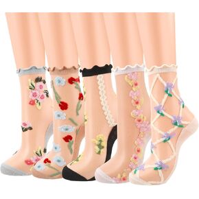 5 Pairs Women's Sheer Flower Mesh Socks with Ruffle, Cuff Cute Transparent Thin See Through Floral Socks Lace Ankle Socks for Summer in Kuwait