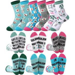 6 Pairs Funny Mahjong Socks for Women Cotton Cute Crew Socks Mah Jong Patterns Gifts for Mahjong Lovers in Kuwait
