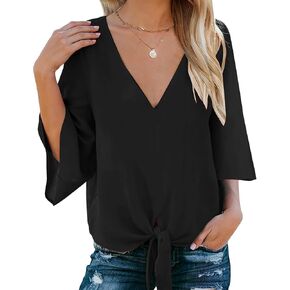Bluetime Womens Tie Front Tops 3/4 Bell Sleeve V Neck Cute Summer Tops Shirts Casual Chiffon Blouses in Kuwait