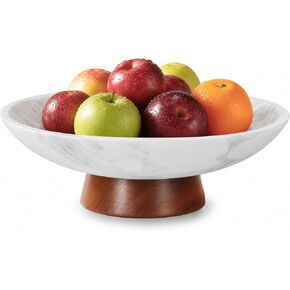Marble Decorative Bowl, 11" Large Centerpiece for Table, Fruit Bowl for Kitchen Counter, Coffee Table or Entryway Decor, Natural Marble with Wood Base, Unique Home Gift - Green in Saudi Arabia