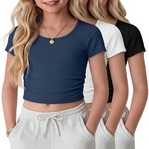 3 Pack Girls Fitted Crop Tops Kids Short Sleeve Round Neck T Shirts Cute Summer Ruched Basic Tee 5-16 Years in Kuwait