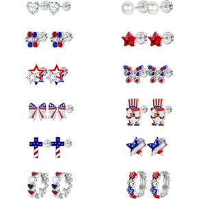 4th of July Patriotic Earrings for Women Girls kids - 12 Pairs American Flag Red White and Blue Flat Back Stud Earrings for Independence Day,4 Year Old+ in Kuwait