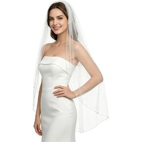 Bridal Veil Pearl Beaded Edge Wedding Veil with Comb for Bride 39 inch in Saudi Arabia