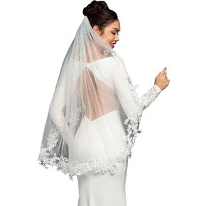Pearl Lace Applique Fingertip Length Wedding Bridal Veil with Comb for Bride in Saudi Arabia
