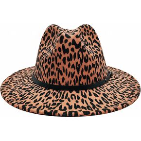 Unisex Leopard Print Fedora Hat Wide Brim Felt Trilby Panama Church Derby Cap with Belt Buckle (Khaki) in Saudi Arabia