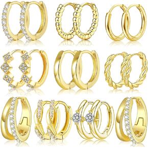Nunpag 9 Pairs 14K Gold Plated Chunky Huggie Hoop Earrings Set for Women Hypoallergenic Stainless Steel Lightweight Small Earring Stacks for Multiple Piercings Non Tarnish Jewelry Gift Twisted 8-12mm in Saudi Arabia
