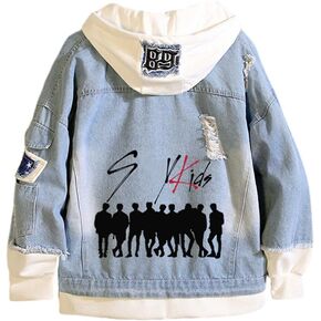 SKZ Hoodie Denim Jacket Stray Distressed Ripped Jean Jacket Patchwork Long Sleeve Hooded Trucker Jackets for Women Men in Saudi Arabia