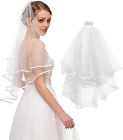 Bridal Veil 2Tier Short Tulle Wedding Veil With Satin Edge and Comb Wedding Veils For Brides Wedding Bridal Shower Engagement Ceremony Prewedding Photoshoot Cosplay Party in Saudi Arabia