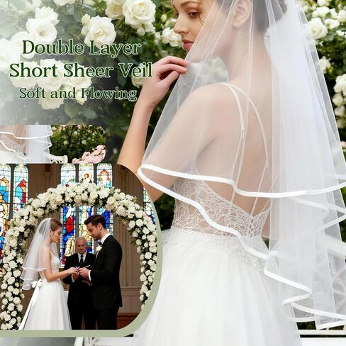 Bridal Veil 2Tier Short Tulle Wedding Veil With Satin Edge and Comb Wedding Veils For Brides Wedding Bridal Shower Engagement Ceremony Prewedding Photoshoot Cosplay Party in Saudi Arabia